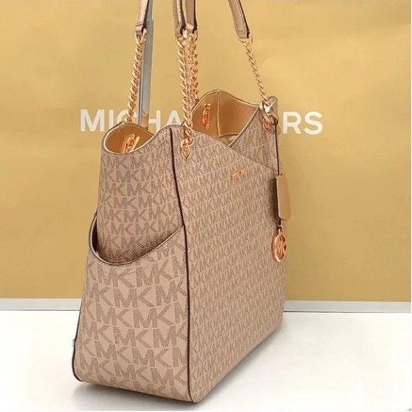 MICHAEL KORS LARGE X CHAIN SHOULDER TOTE BAG ROSE GOLD COLOR SIGNATURE - Picture 2 of 16